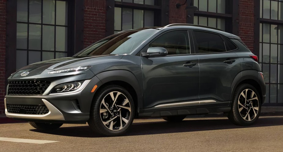 A black 2023 Hyundai Kona, no longer recommended by Consumer Reports.