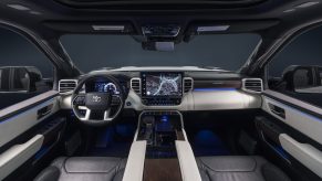 The white-leather interior of the 2022 Toyota Tundra capstone luxury truck.