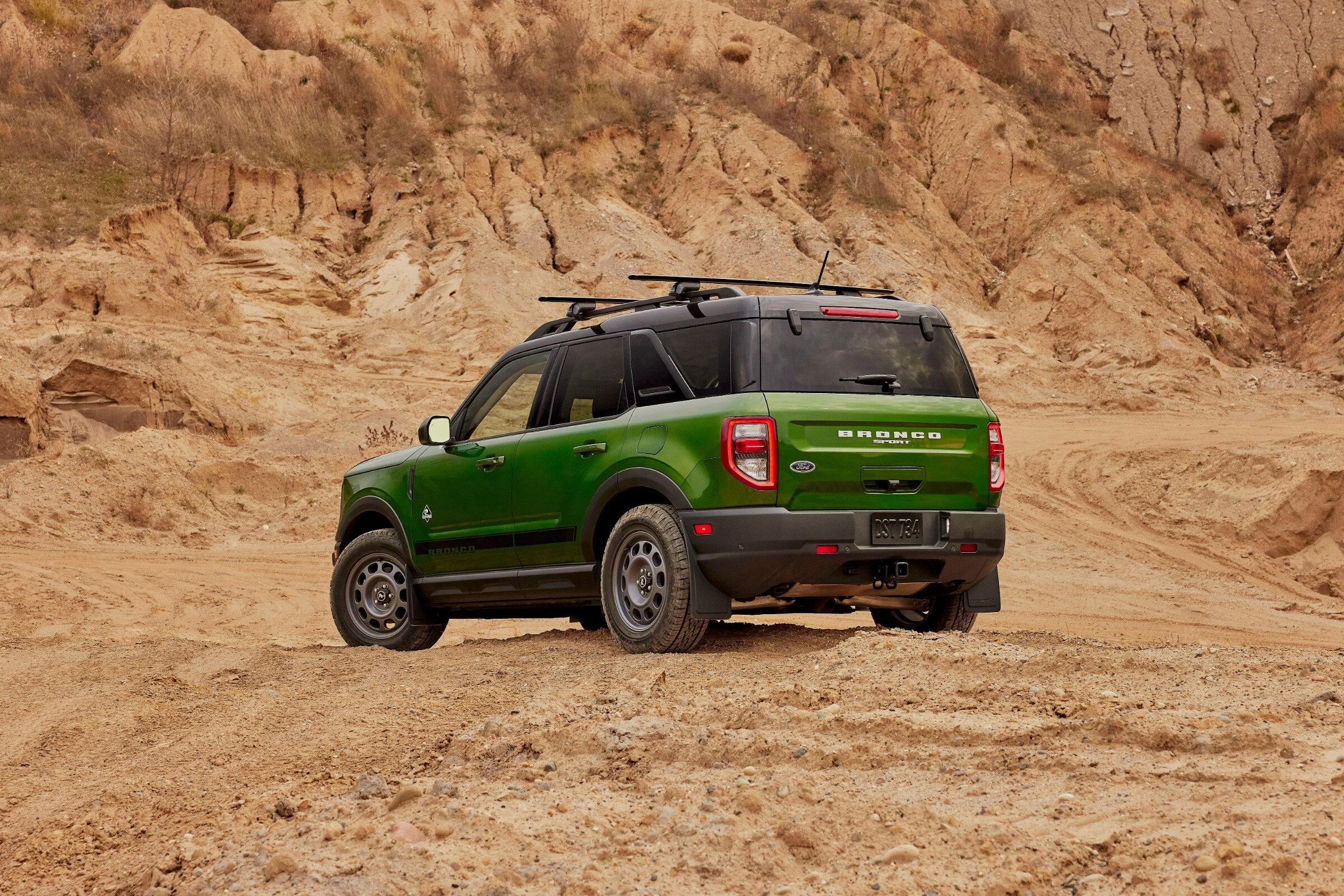 A green Ford Bronco Sport off-road crossover. 