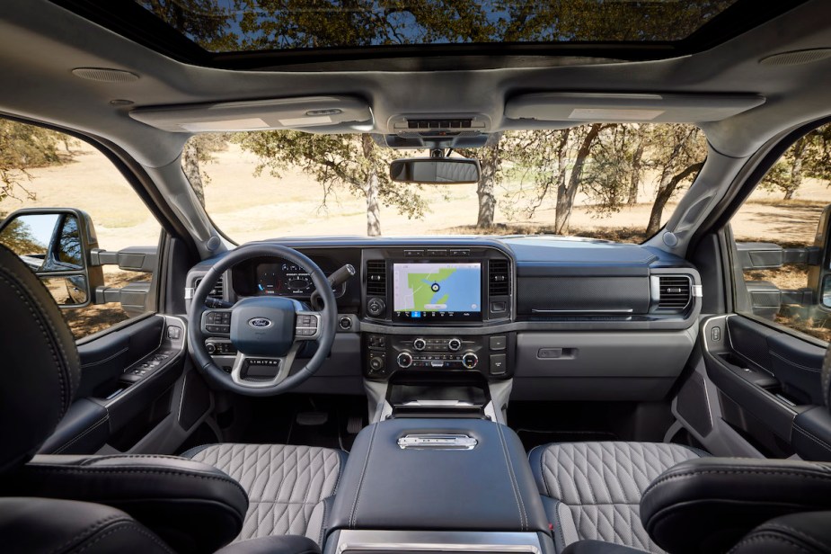 Interior of a 2023 Ford Super Duty F-350 Limited that does not have Ford's BlueCruise Hands-Free driving