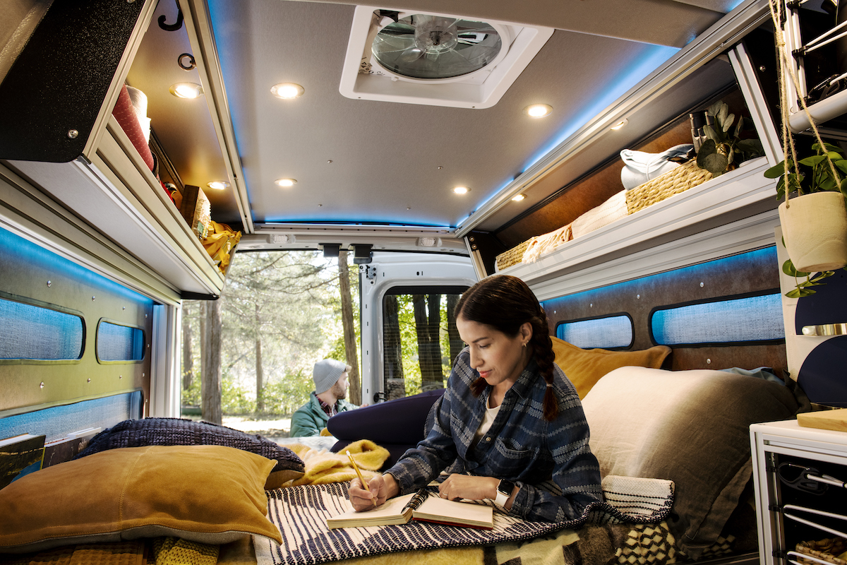 The 2023 Ford Transit Trail interior showing it is a great DIY RV.