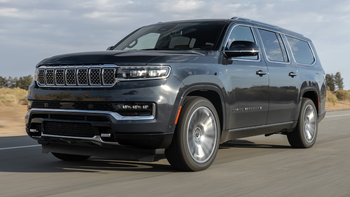 Black 2023 Jeep Grand Wagoneer L on a Highway