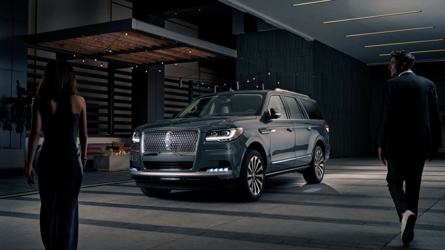 A 2023 Lincoln Navigator parked in a dark parking garage with owners approaching.