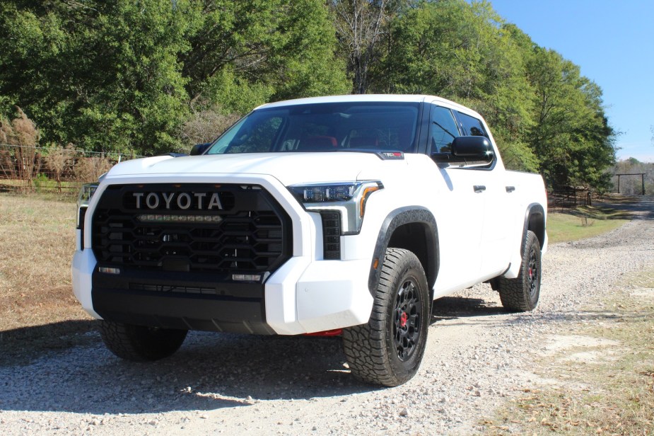 2023 Toyota Tundra TRD Pro full-size truck parked outside on rocks.
