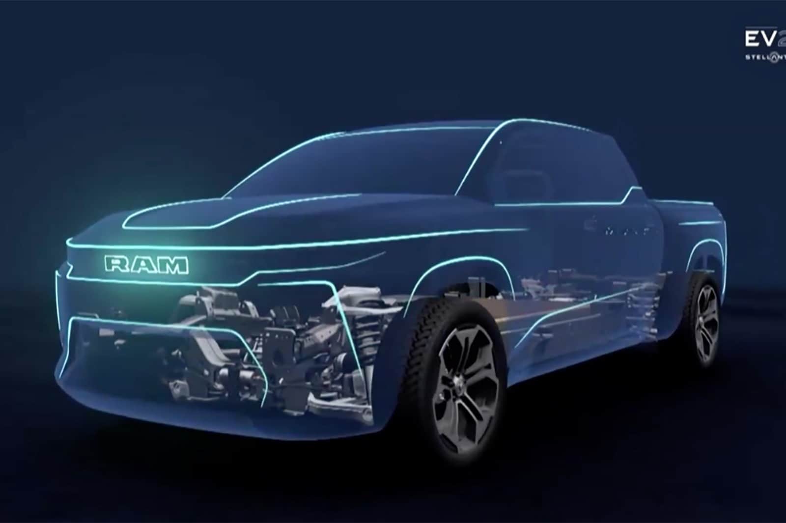 Preview of the 2024 Ram 1500 EV showing the electric motors that power the truck. 