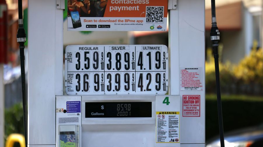 A BP gas station pump in New York City with regular, silver, and ultimate options