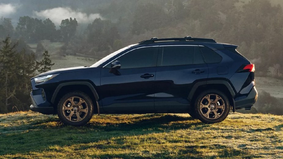 Black 2023 Toyota RAV4 crossover SUV parked on top of a hill