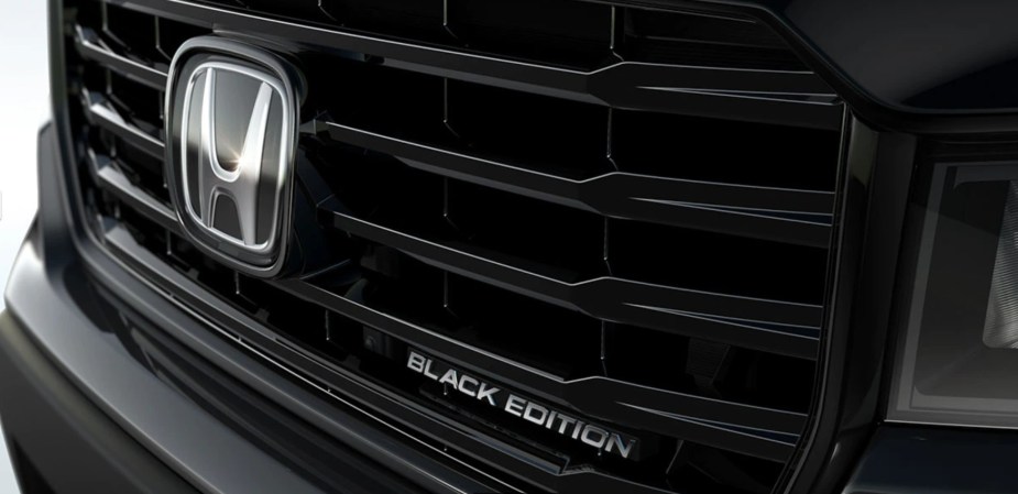 Front grille of a 2023 HOnda Ridgeline Black Edition midsize truck