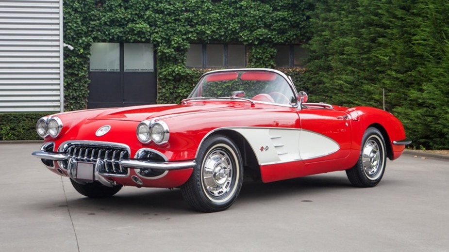 Red and white C1 Corvette, this iconic car was underpowered but it still one of the most sought after cars in history