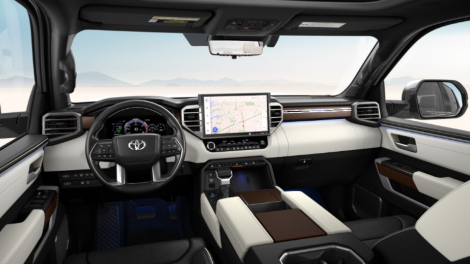 Dashboard and front seats in new 2023 Toyota Tundra Capstone pickup truck, highlighting how much fully loaded one costs