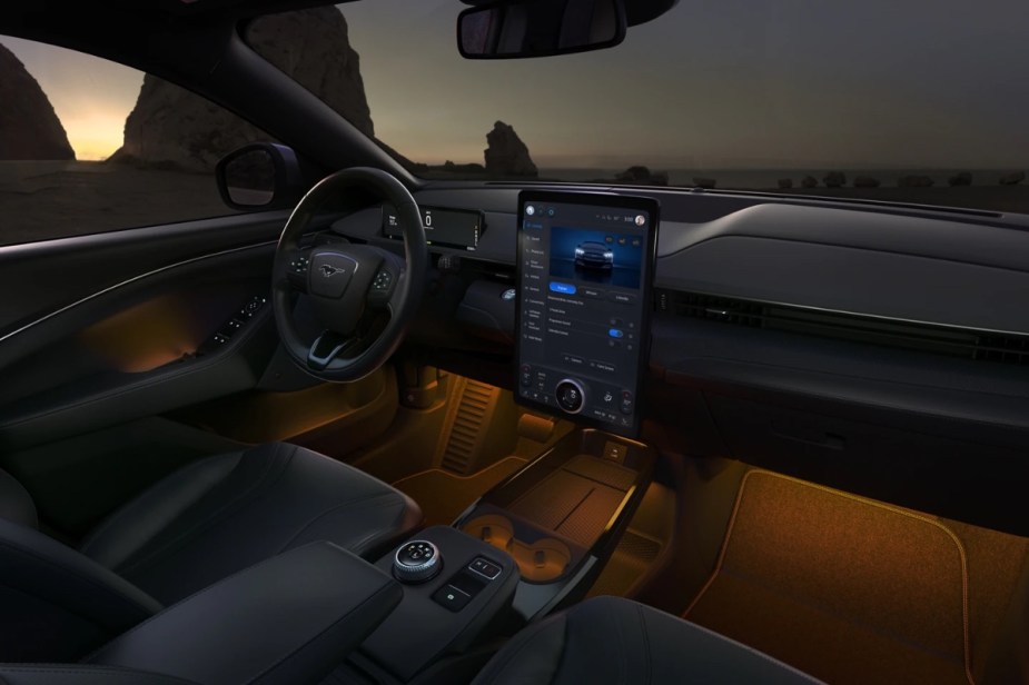 Dashboard in 2023 Ford Mustang Mach-E crossover SUV, only EV no longer recommended by Consumer Reports