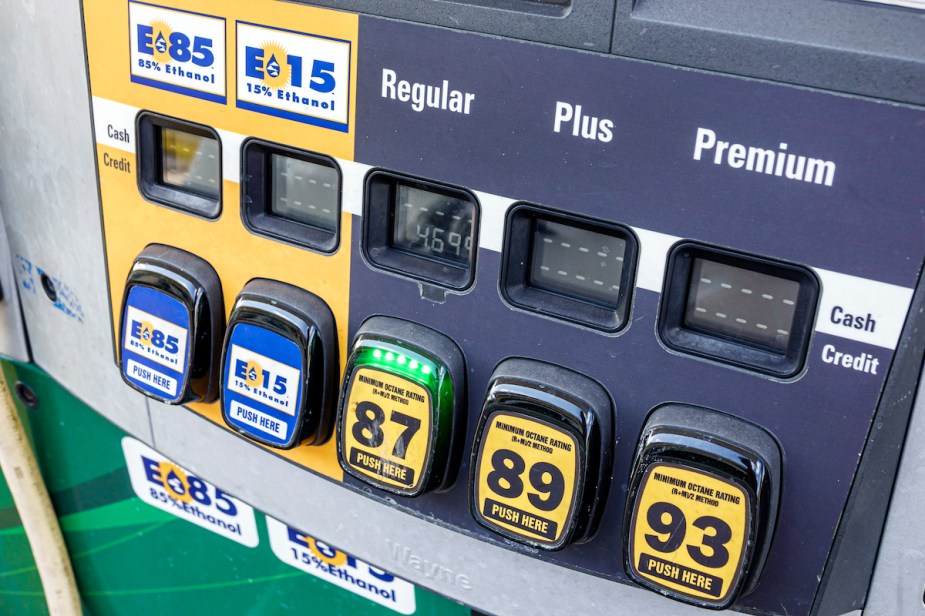 A gas pump displaying different grades of gasoline, including E15 gas.