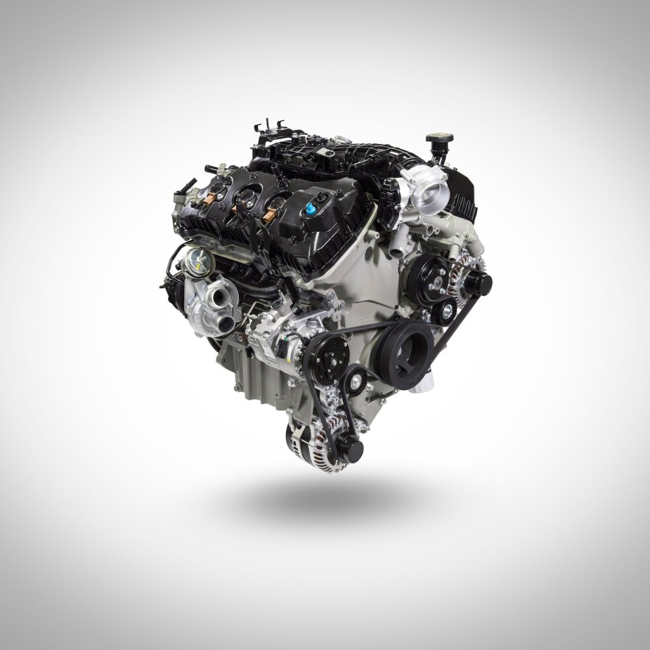 Promo photo of a 3.5-liter turbocharged EcoBoost V6 by Ford, set in front of a white background.