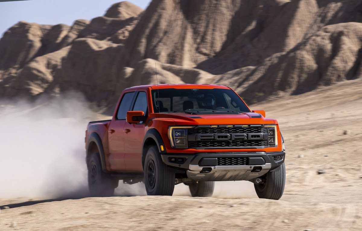 A red Ford Big Raptor truck.