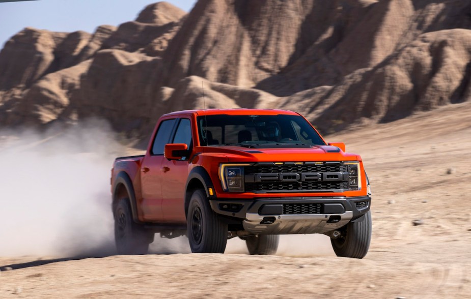 A red Ford Big Raptor truck.