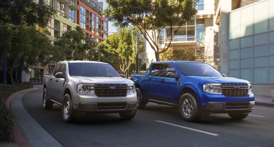 Two Ford Mavericks are driving on the road (L) gray, (R) blue. 