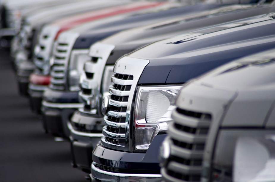 A group of Ford F-150 models sit in a dealership parking lot.