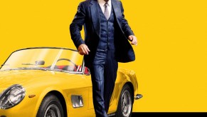 Frank Grillo stands in front of a yellow Ferrari 250 GT California on the poster of the Lamborghini biopic film in which he stars.