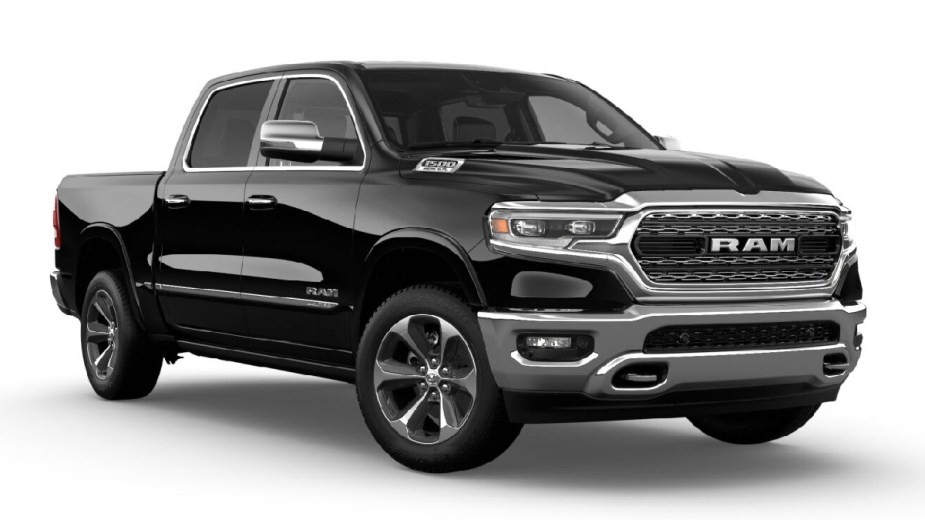 Front angle view of Diamond Black Crystal Pearl 2023 Ram 1500