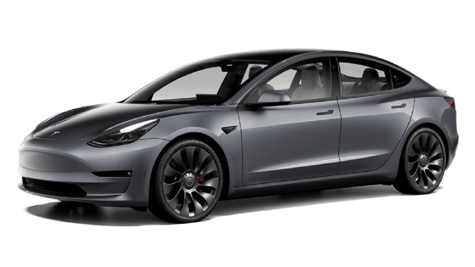 Front angle view of Midnight Silver Metallic 2023 Tesla Model 3