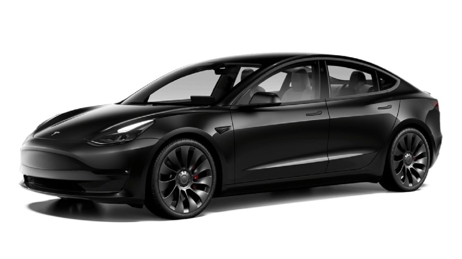 Front angle view of Solid Black 2023 Tesla Model 3