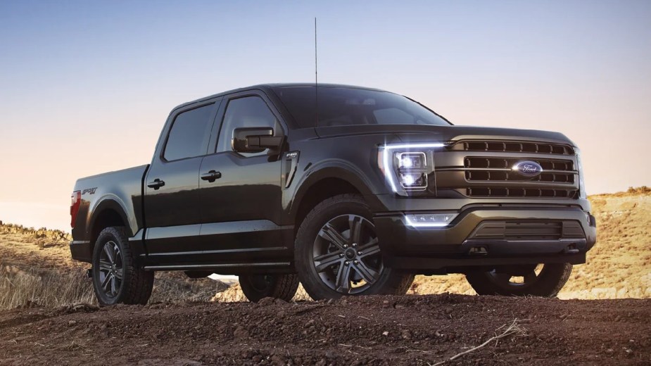 Front angle view of black 2023 Ford F-150 pickup truck