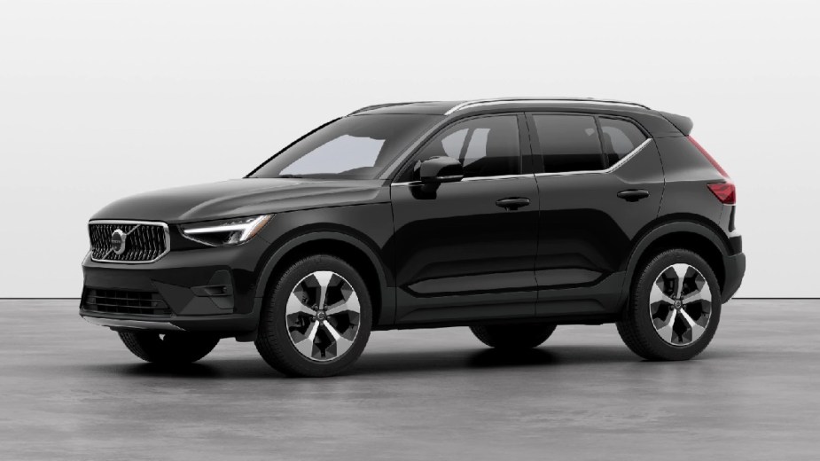 Front angle view of black 2023 Volvo XC40, cheapest new Volvo car and one of the best small luxury SUVs