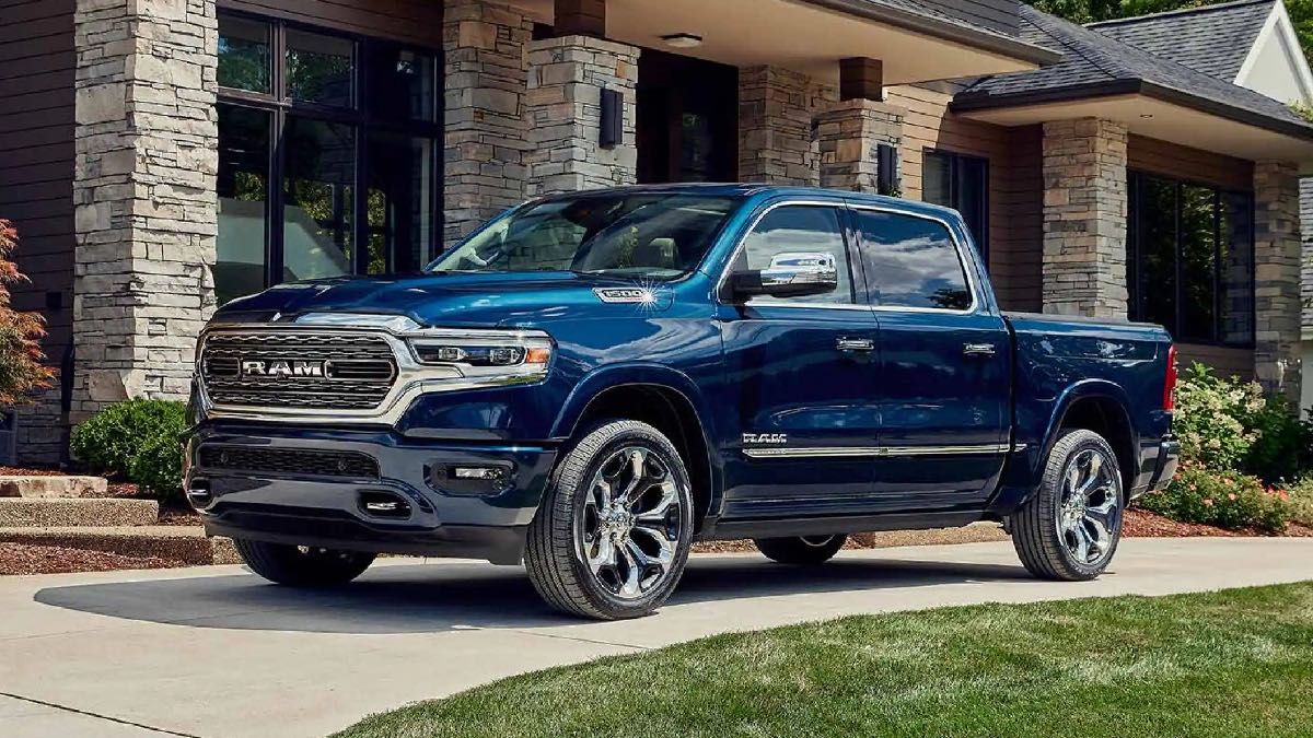 Front angle view of blue 2023 Ram 1500 full-size pickup truck