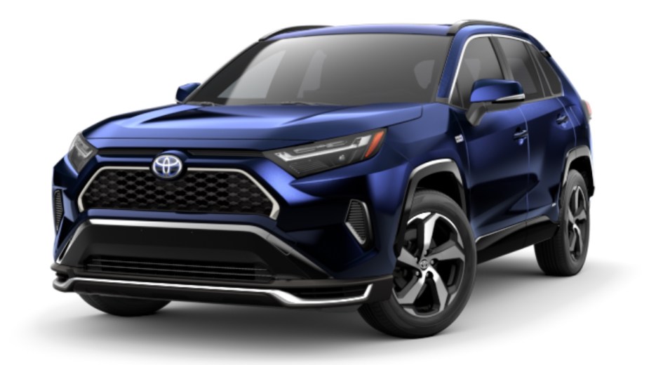 Front angle view of blue 2023 Toyota RAV4 Prime SE, the best new RAV4 trim to get
