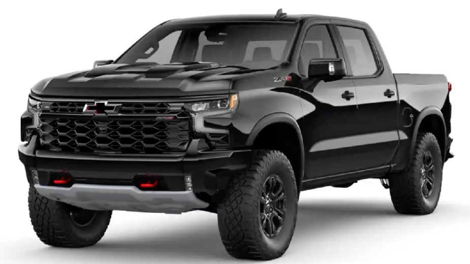 Front angle view of new 2023 Chevy Silverado 1500 pickup truck with Black exterior paint color