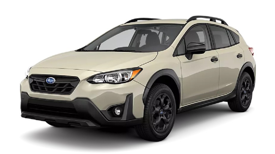 Front angle view of new 2023 Subaru Crosstrek crossover SUV with Desert Khaki exterior paint color