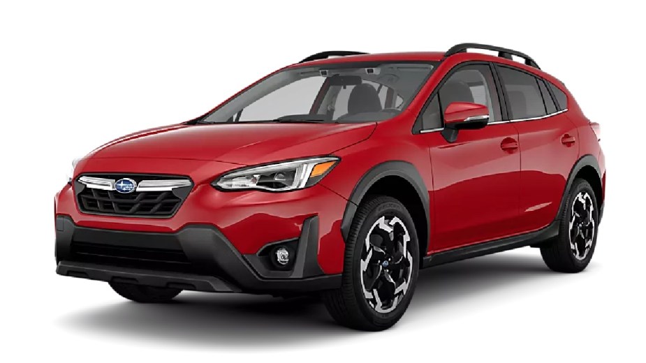 Front angle view of new 2023 Subaru Crosstrek crossover SUV with Pure Red exterior paint color