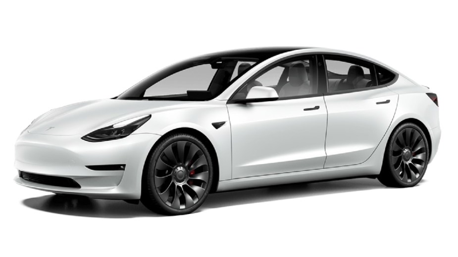 Front angle view of new 2023 Tesla Model 3 electric car with Pearl White Multi-Coat exterior paint color