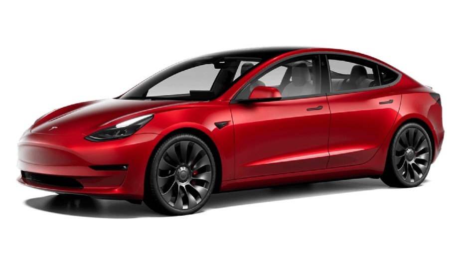 Front angle view of new 2023 Tesla Model 3 electric car with Red Multi-Coat exterior paint color