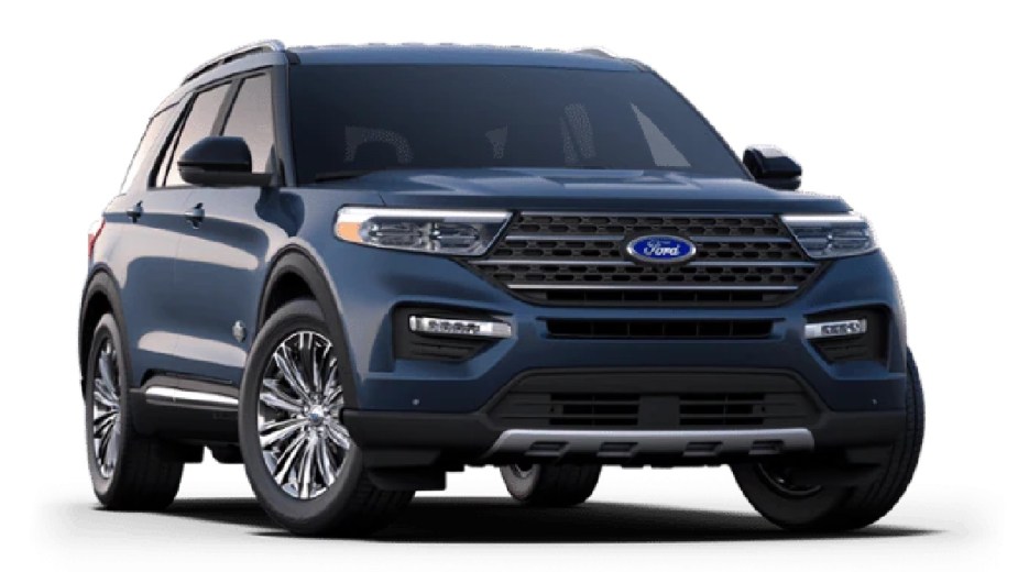 Front angle view of new blue 2023 Ford Explorer King Ranch SUV, highlighting how much a fully loaded one costs