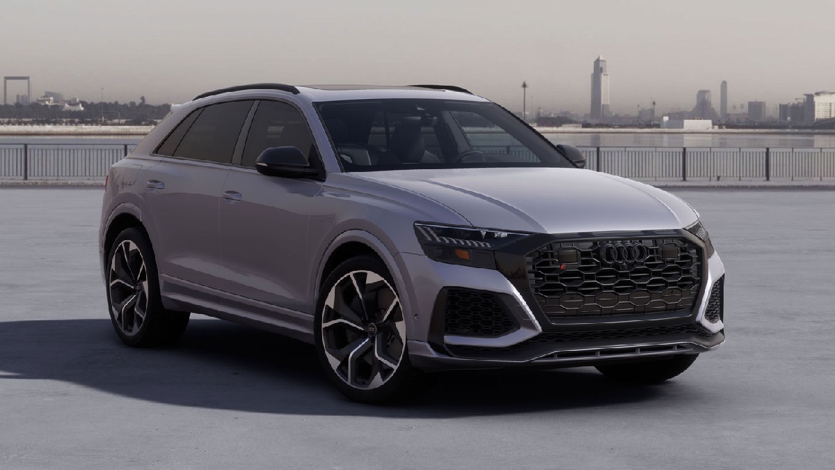 Front angle view of new silver 2023 Audi RS Q8, highlighting how much a fully loaded Q8 costs