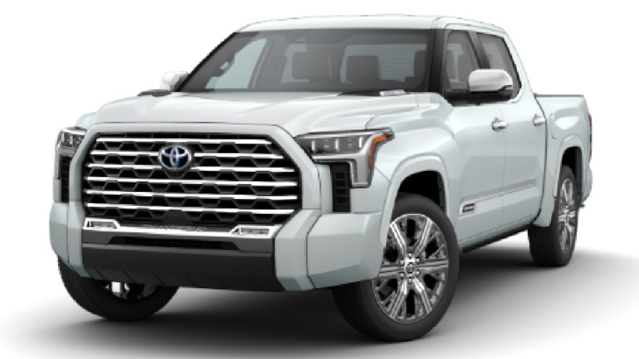 Front angle view of new white 2023 Toyota Tundra Capstone pickup truck, highlighting how much fully loaded one costs