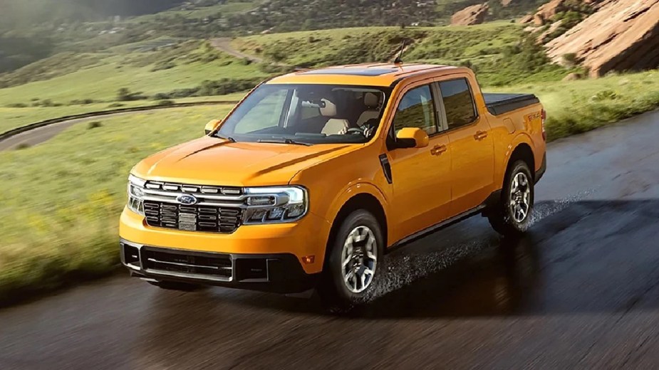 Front angle view of orange 2023 Ford Maverick pickup truck