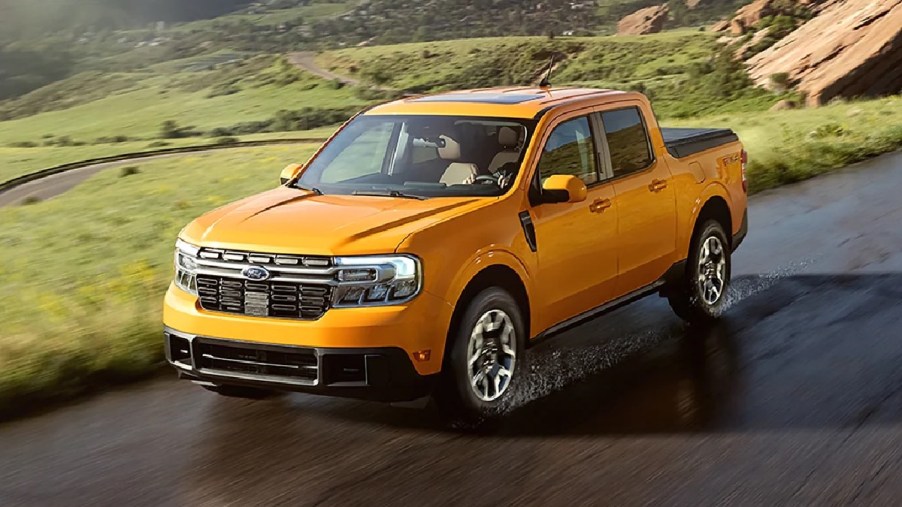 Front angle view of orange 2023 Ford Maverick, the most affordable new 2023 Ford model, costing under $30,000