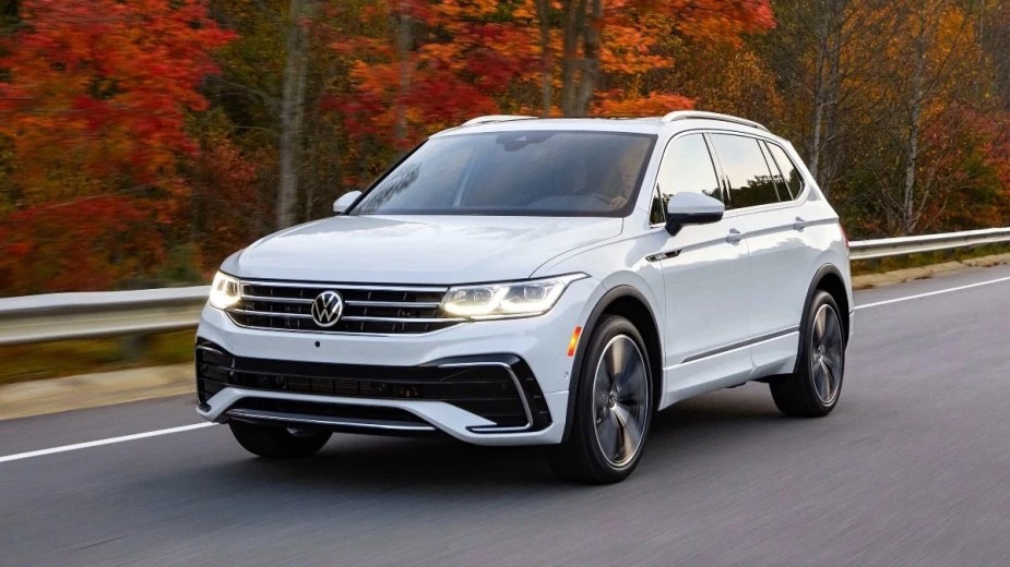 Front angle view of white 2023 VW Tiguan crossover SUV