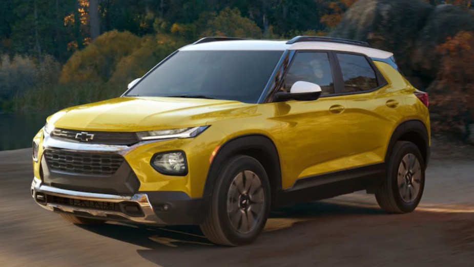 Front angle view of yellow 2023 Chevy Trailblazer crossover SUV