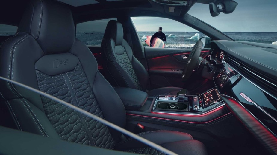 Front seats in new 2023 Audi RS Q8, highlighting how much a fully loaded Q8 costs