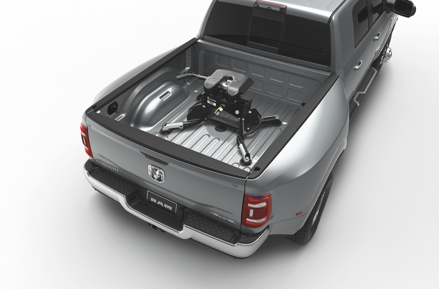 Fifth wheel hitch installed in the bed of a heavy-duty Ram pickup.