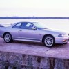 A silver R33 Nissan Skyline posing on a platform