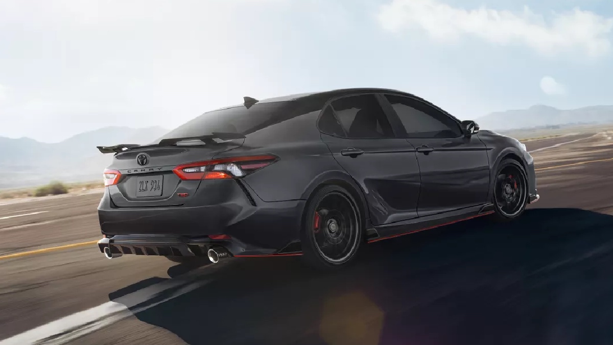 Rear angle view of black 2023 Toyota Camry TRD, a good sports car alternative