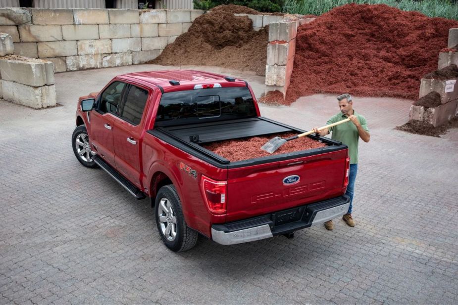 Rear view of red 2023 Ford F-150, the most popular and one of the safest pickup trucks