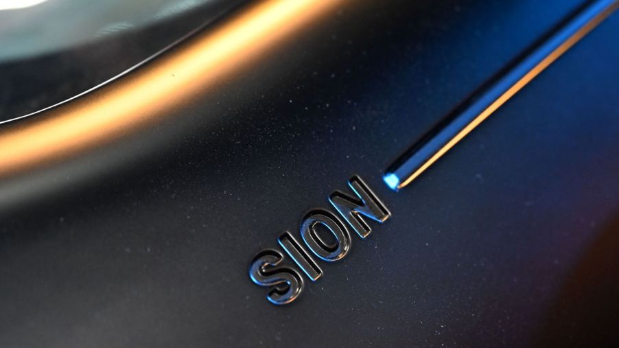 Badging for the Sion solar electric vehicle (SEV) from Sono Motors seen in Munich, Germany