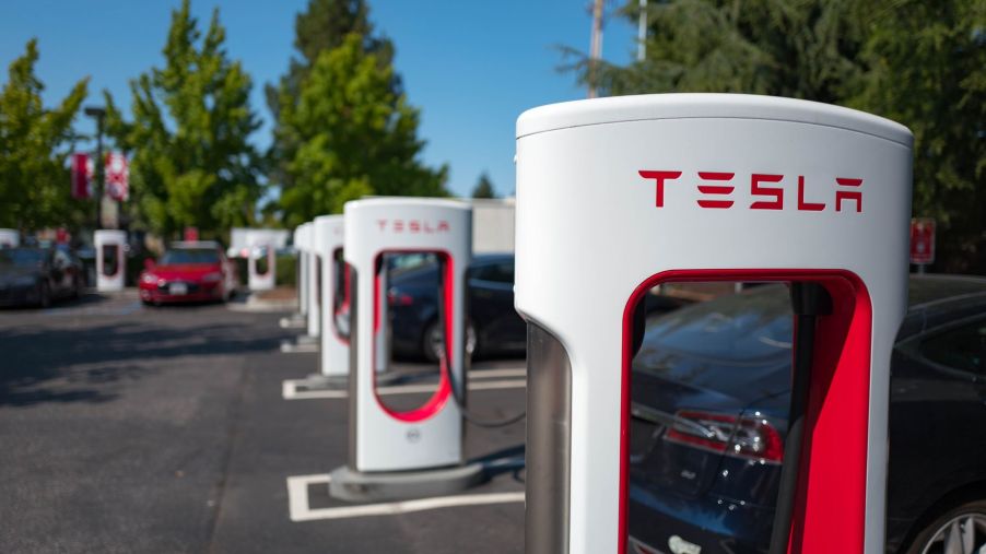 Tesla Superchargers in the parking lot of the Silicon Valley town of Mountain View, California