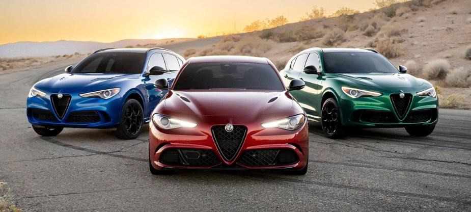 Trio of 2023 Alfa Romeo Stelvio Quadrifoglio models in blue, red and green