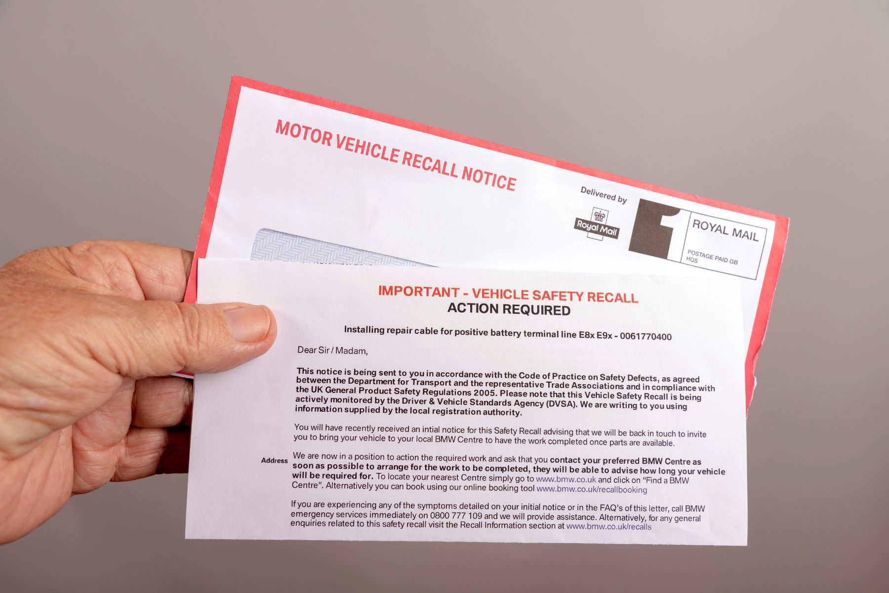 A U.K. car safety recall notification letter sent by mail